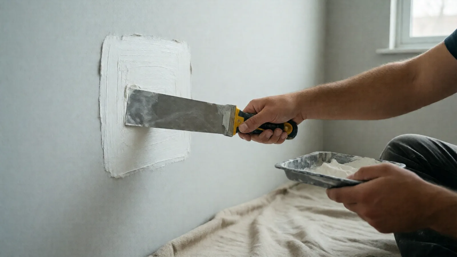 Smoothing joint compound over a drywall patch with a knife