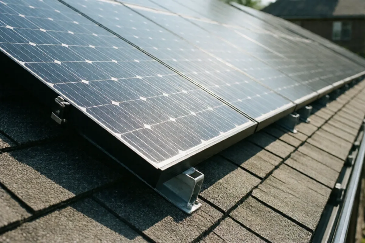 A close view of solar panels mounted on a shingled roof