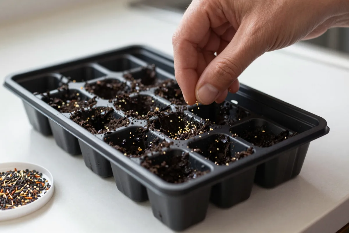 Sowing seeds into a cell tray of seed-starting mix