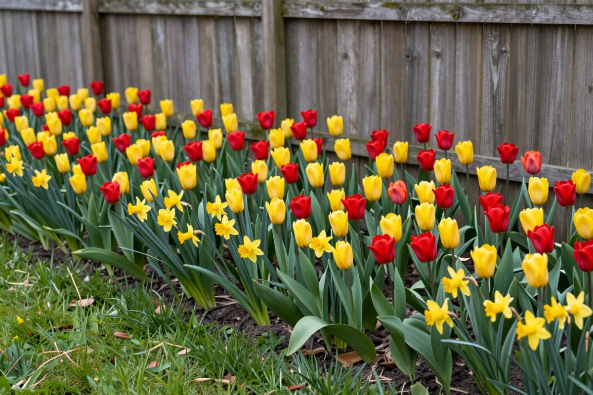 Tulips and daffodils blooming in spring from fall-planted bulbs