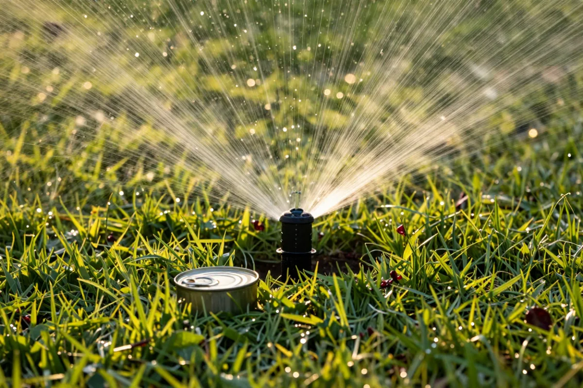A sprinkler watering a lawn early in the morning, with a small can on the grass to measure the water