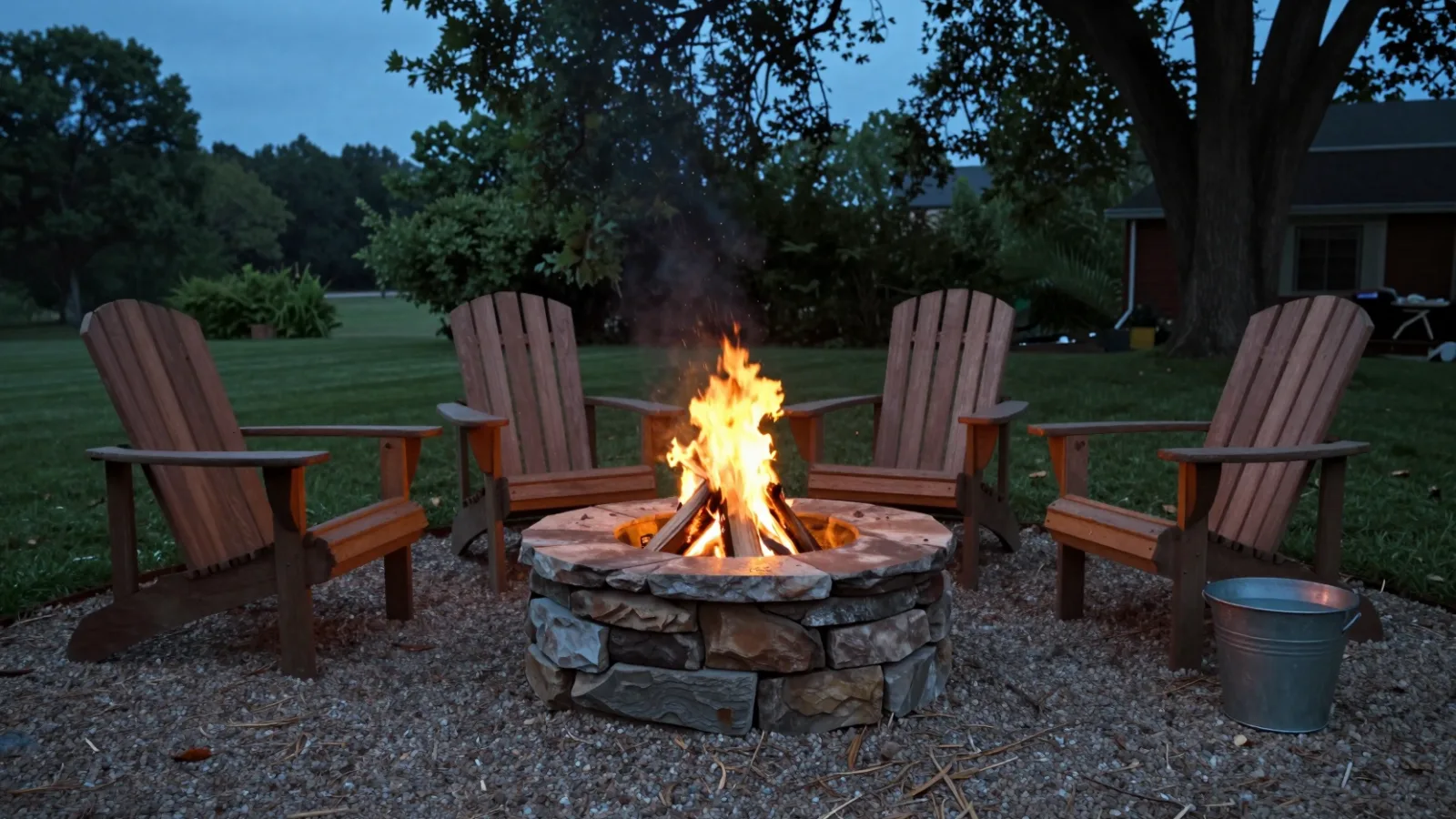 A stone fire pit on a gravel patio surrounded by chairs at dusk