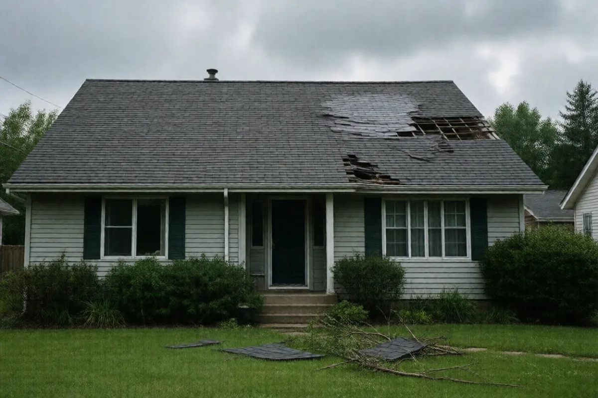 A roof with missing shingles after a storm