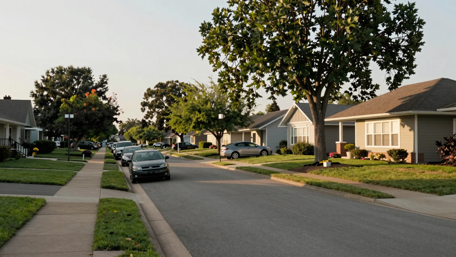A suburban street of single-family homes