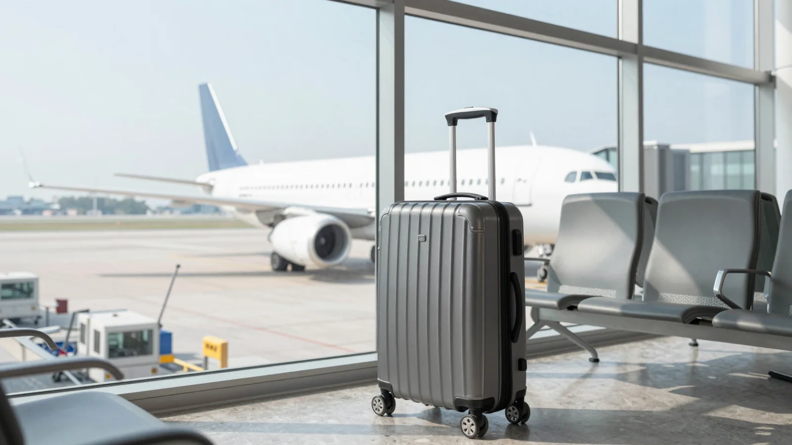A carry-on suitcase by the window of an airport lounge with a plane outside