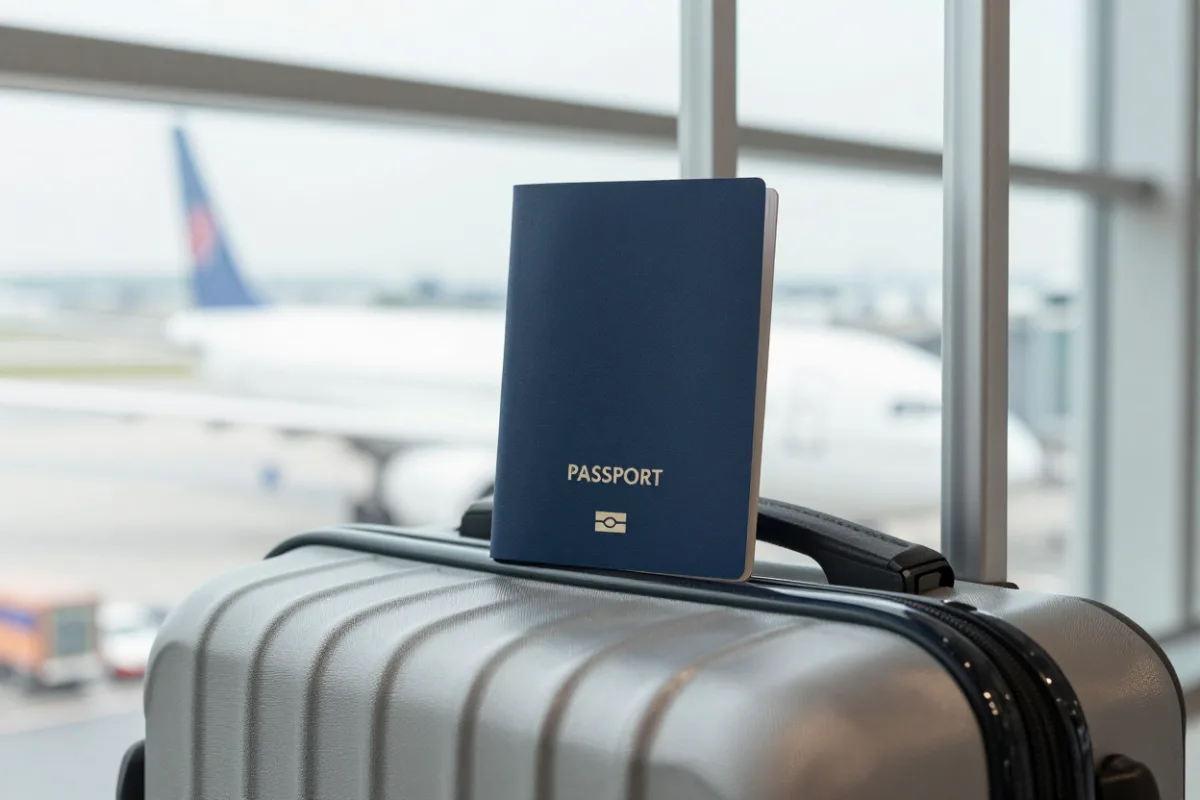 A suitcase at an airport window, representing travel rewards