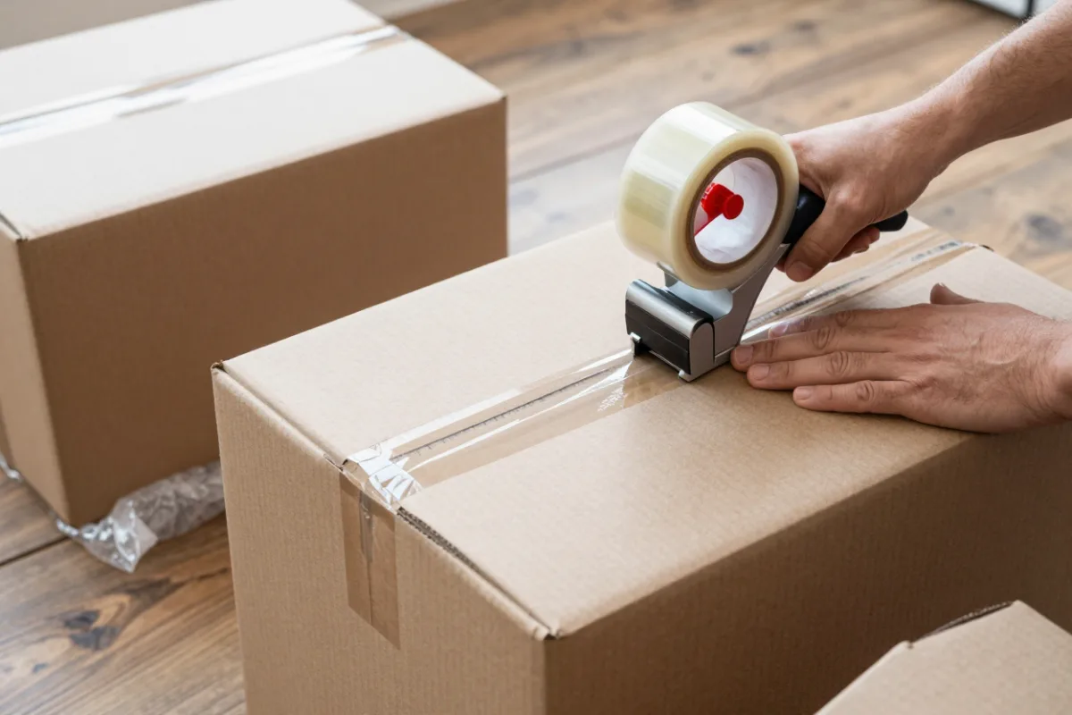 Sealing a moving box with a packing tape dispenser