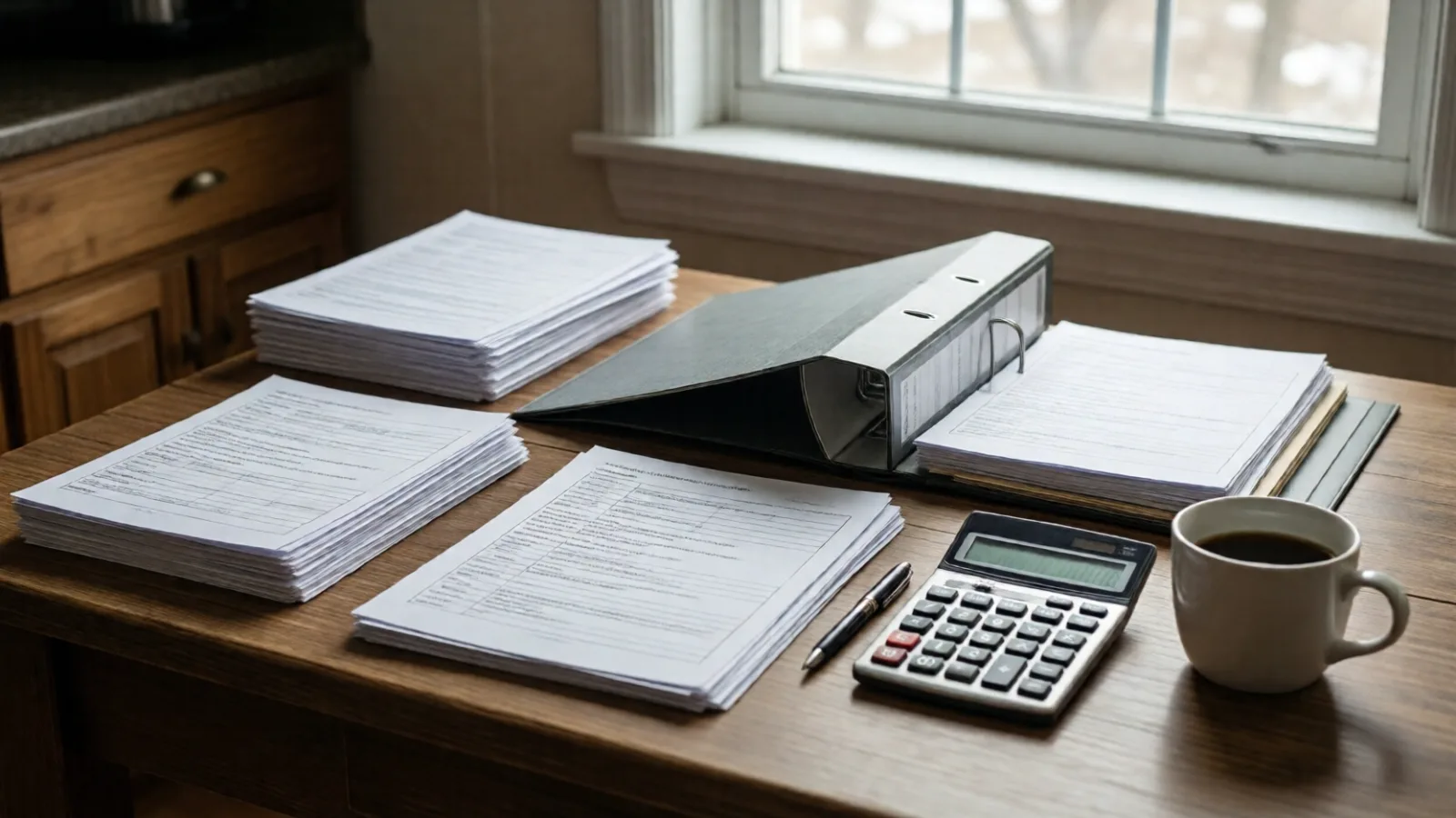 Tax documents sorted into piles on a kitchen table