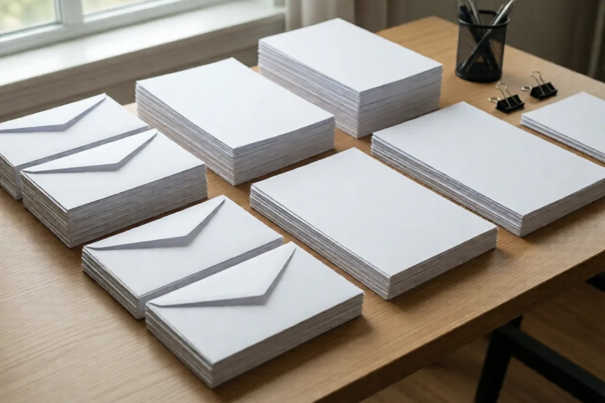 Sorted piles of papers and envelopes on a table