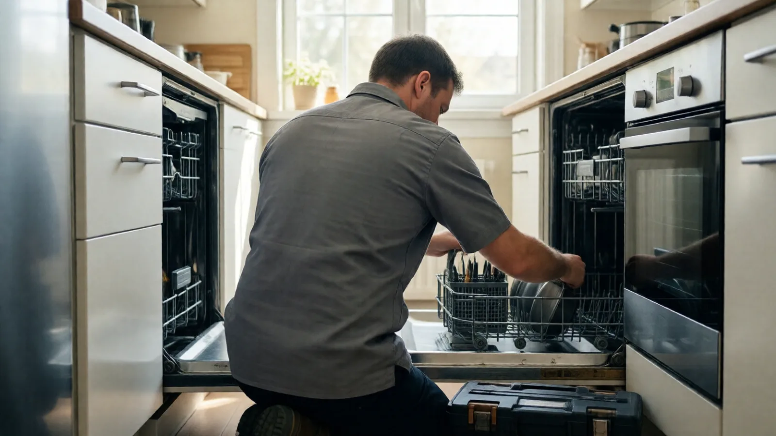 A technician repairing a kitchen dishwasher