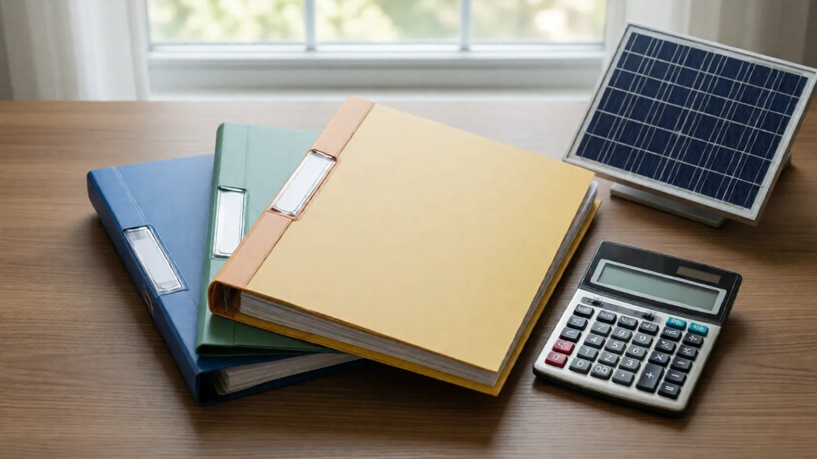 Three folders, a calculator and a small solar panel model on a desk
