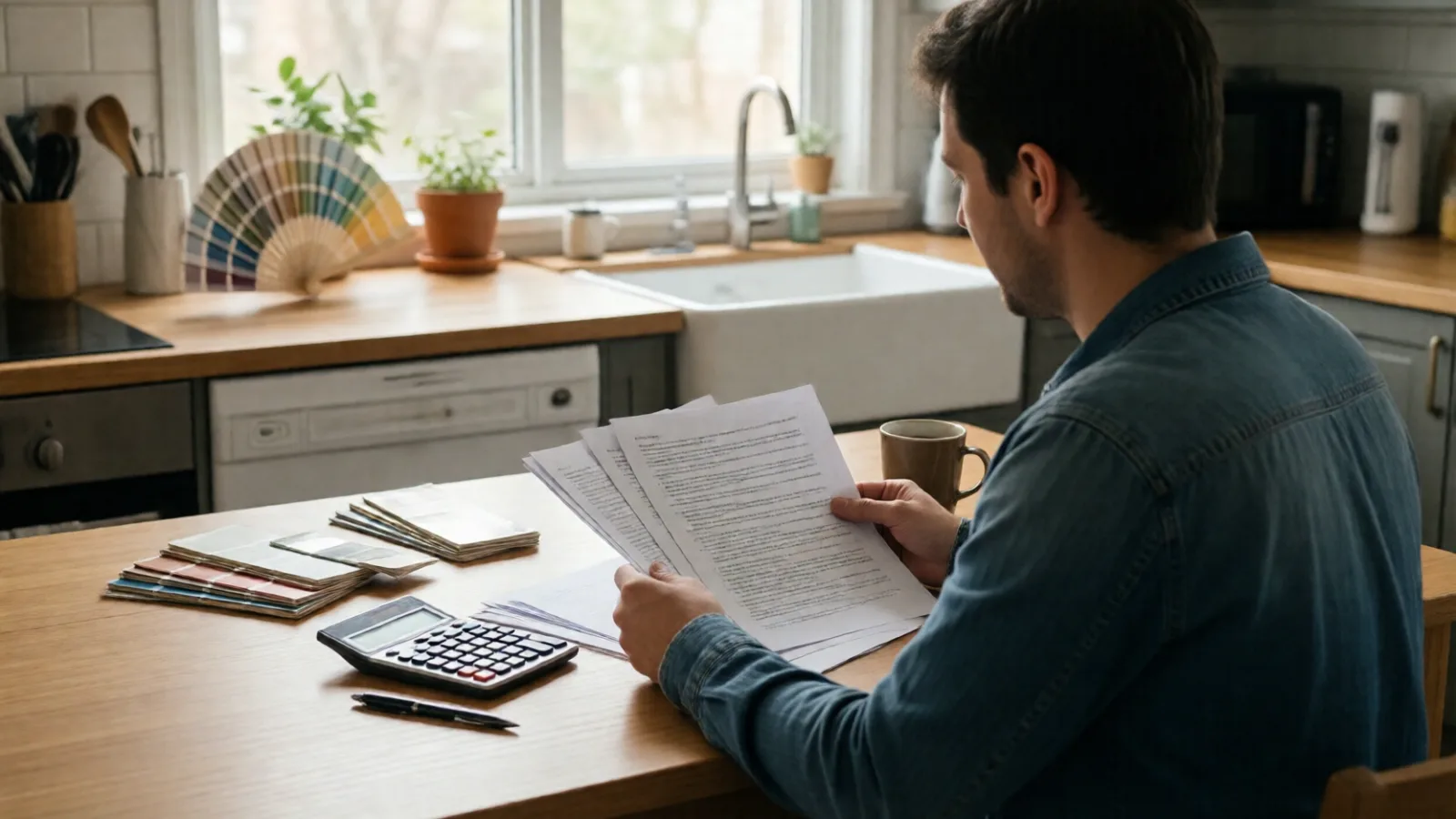 A homeowner comparing contractor quotes at the kitchen table