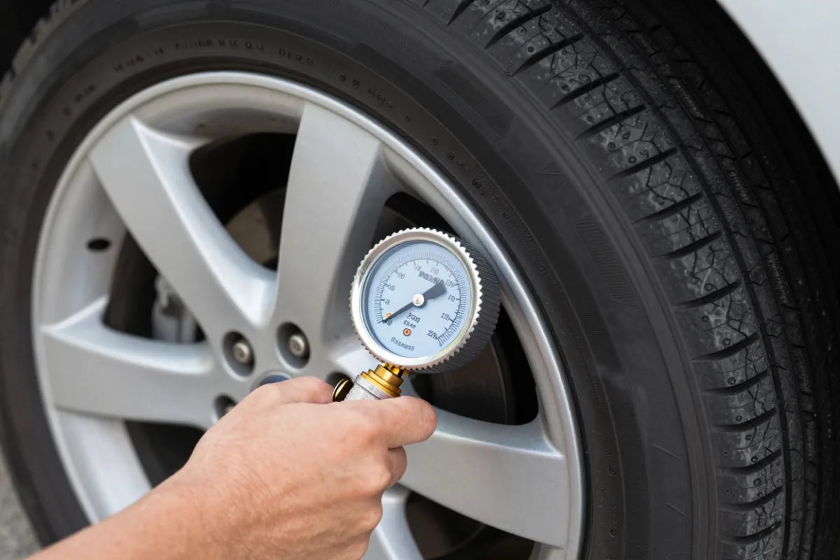 Checking tire pressure with a gauge to save gas