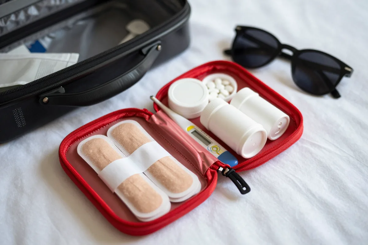 A small travel first-aid kit and medicines packed beside a carry-on bag