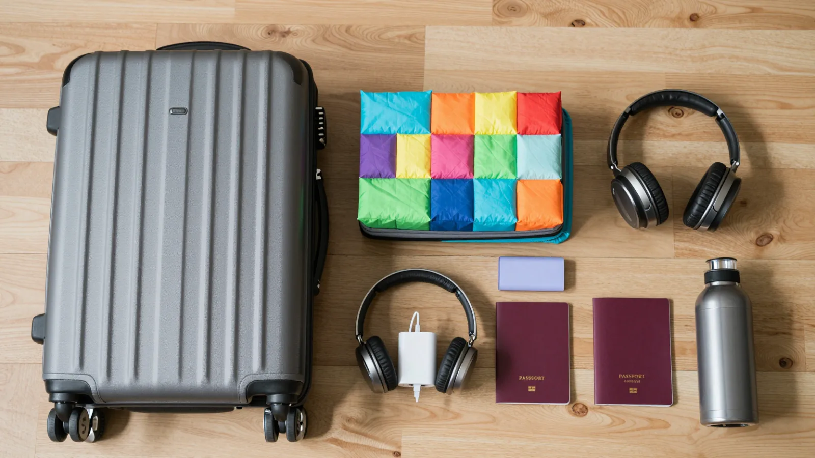 Travel gear laid out, including a carry-on, packing cubes and headphones