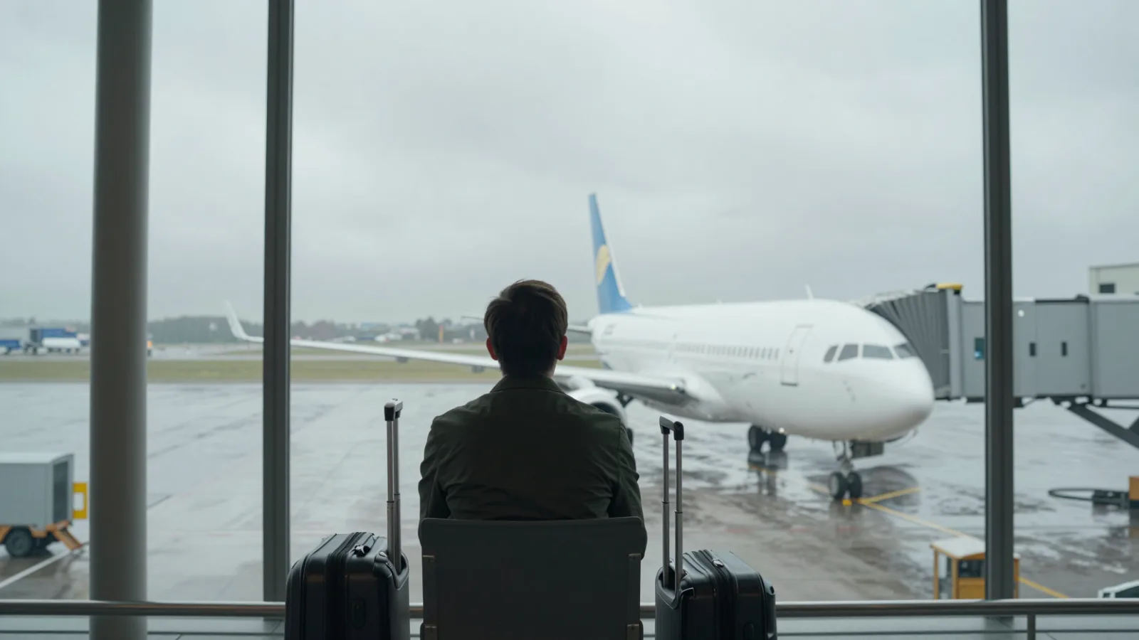 A traveler waiting at an airport gate on a cloudy day