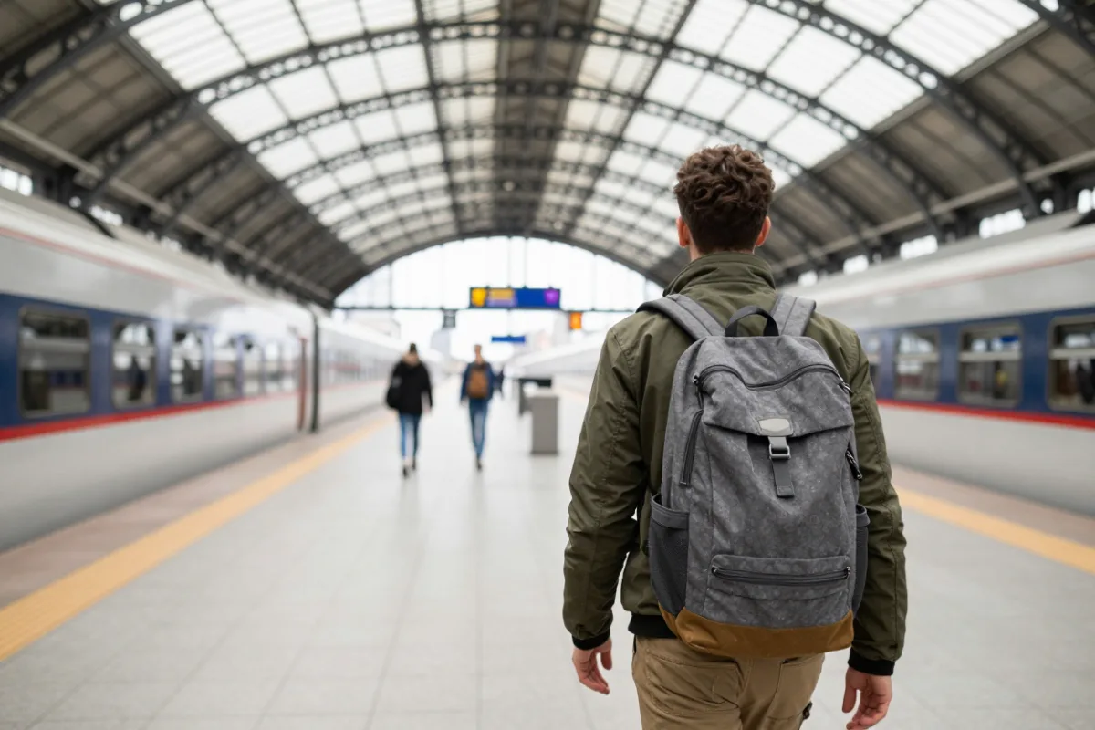 A traveler with a backpack walking through a bright train station