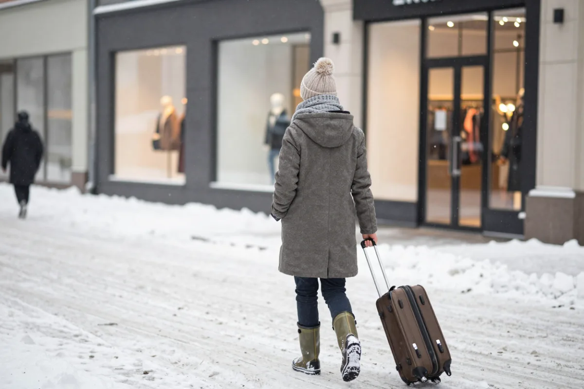 A traveler in warm layers walking through a snowy city with a carry-on