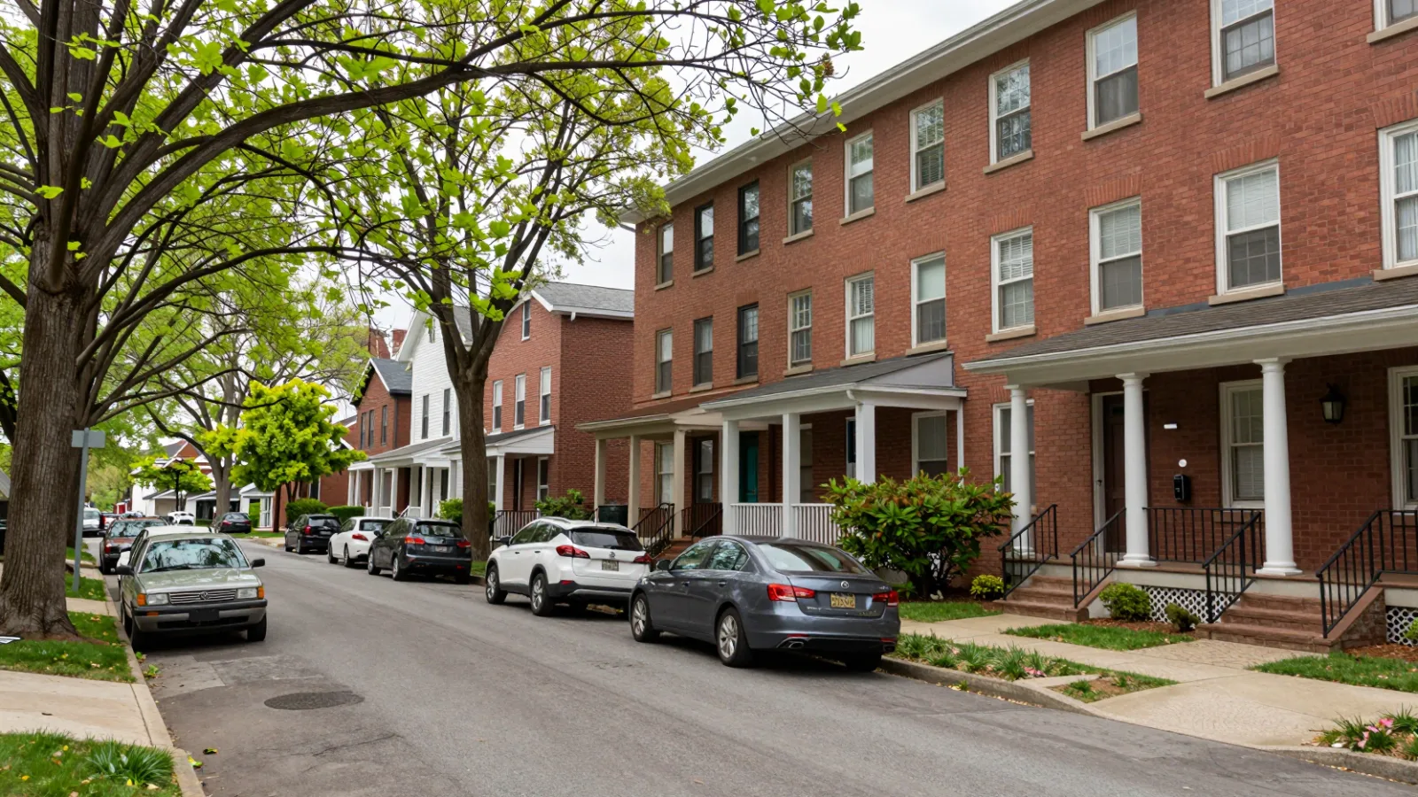 A tree-lined street with single-family houses and an apartment building