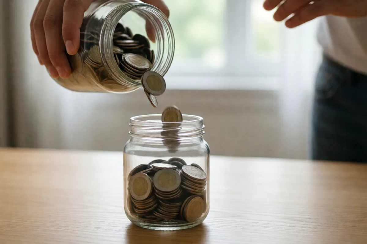 Coins being poured from one jar into another, like a rollover