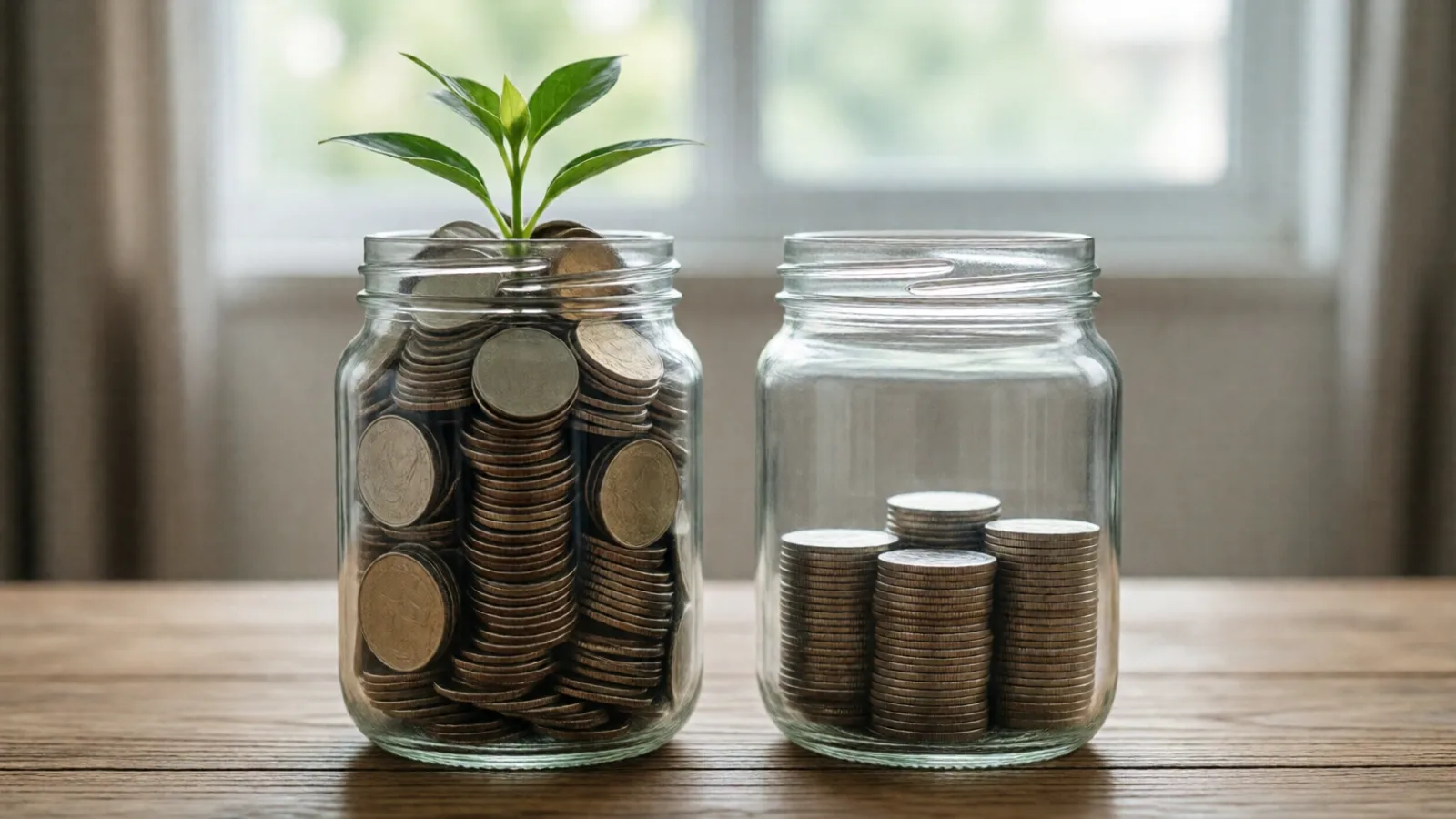 Two jars of coins showing faster and steadier growth