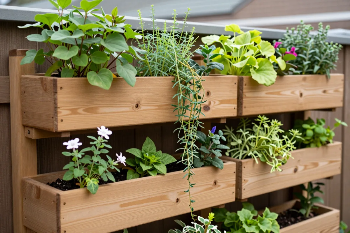 Wall-mounted planters growing herbs and flowers on a fence