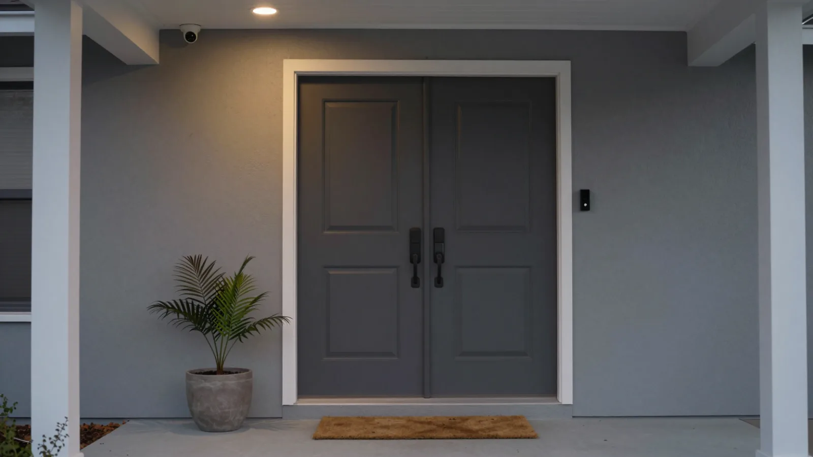 A front door with a video doorbell and security camera