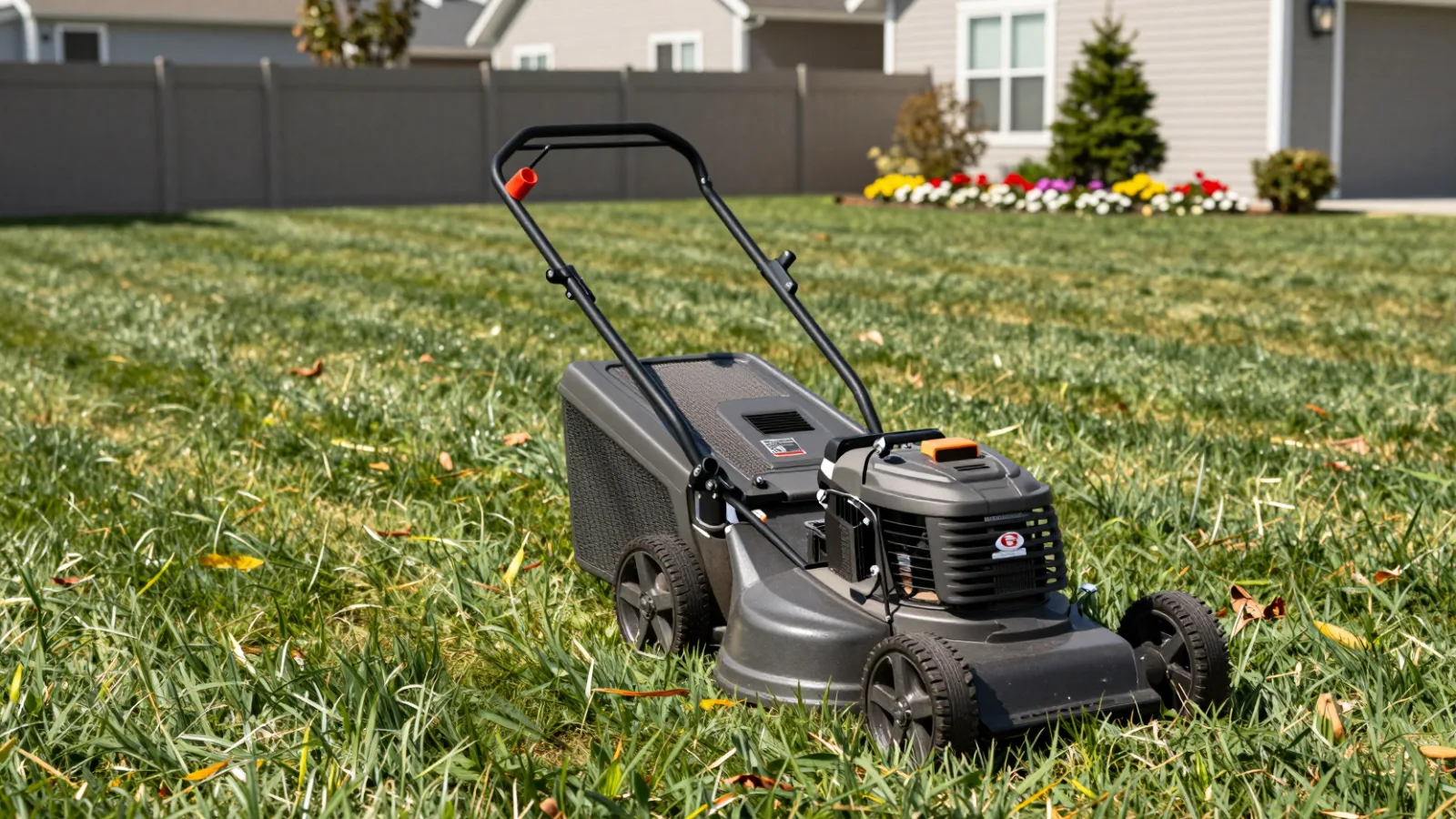 A walk-behind lawn mower on a freshly striped lawn