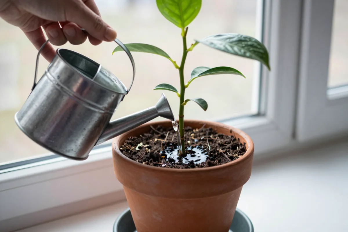 Watering a houseplant with a small watering can