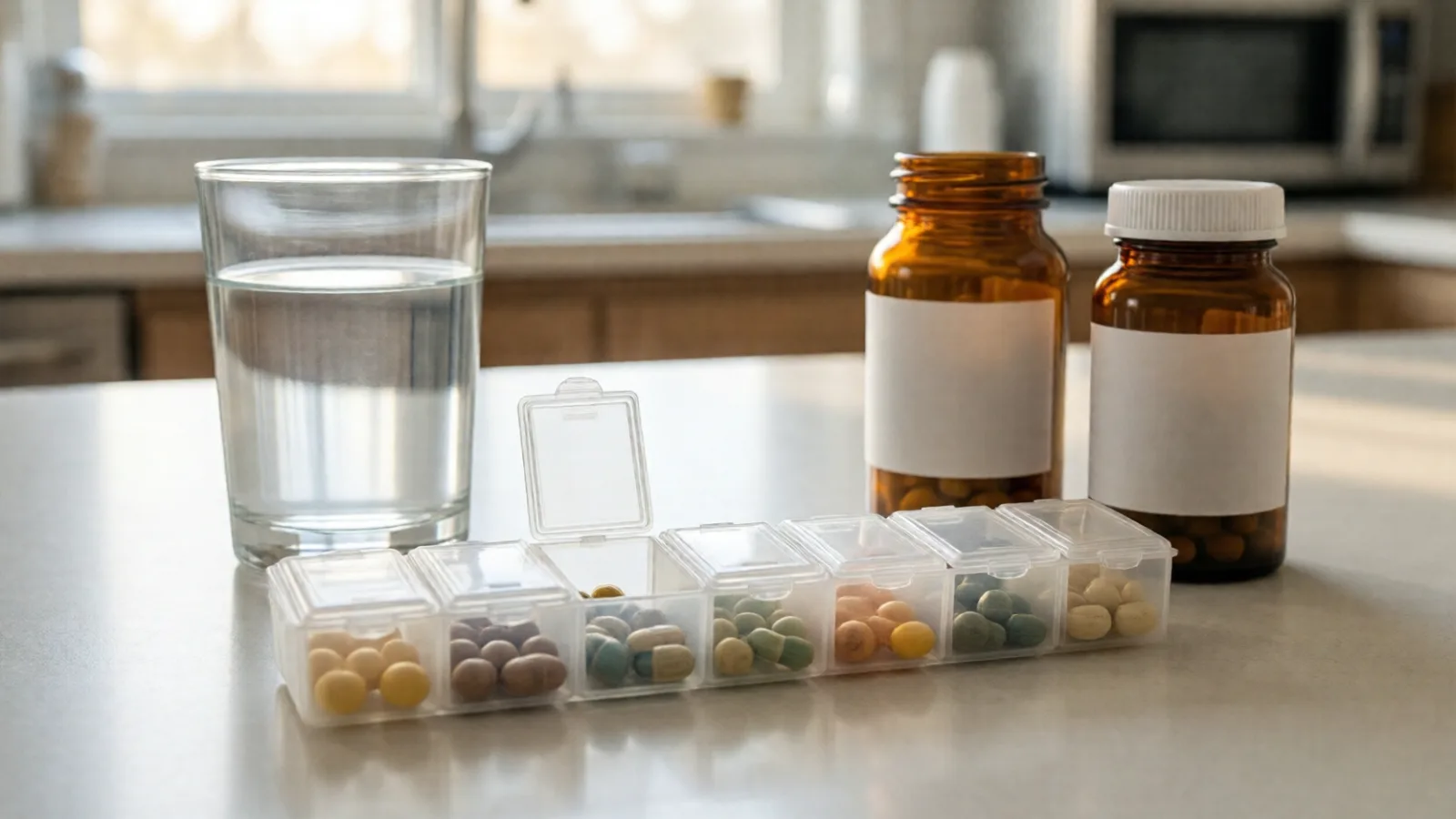 A weekly pill organizer and prescription bottles