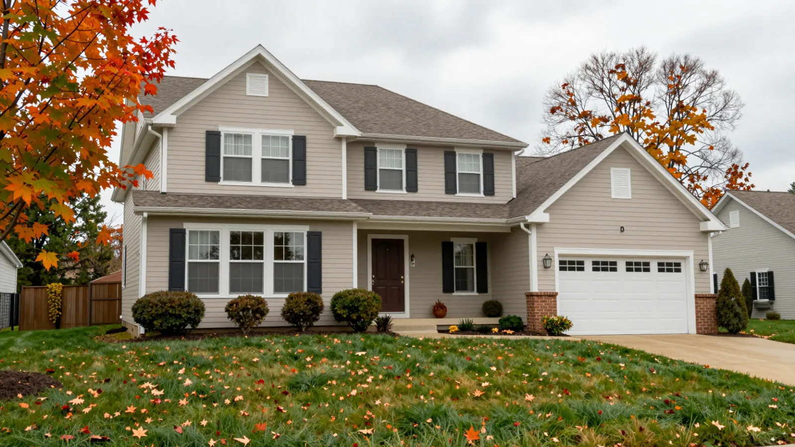A well-kept suburban house with clean gutters and a tidy yard in autumn