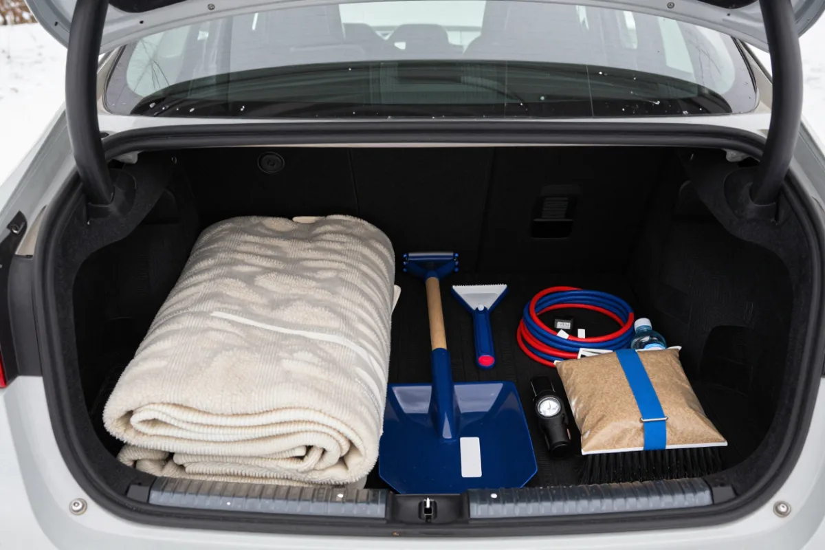 A winter emergency kit packed in a car trunk