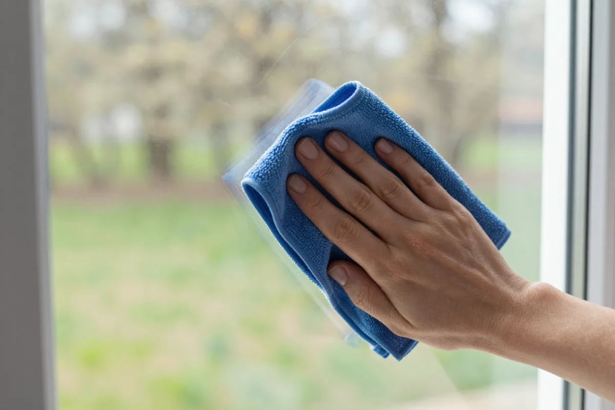 Wiping a window clean with a microfiber cloth