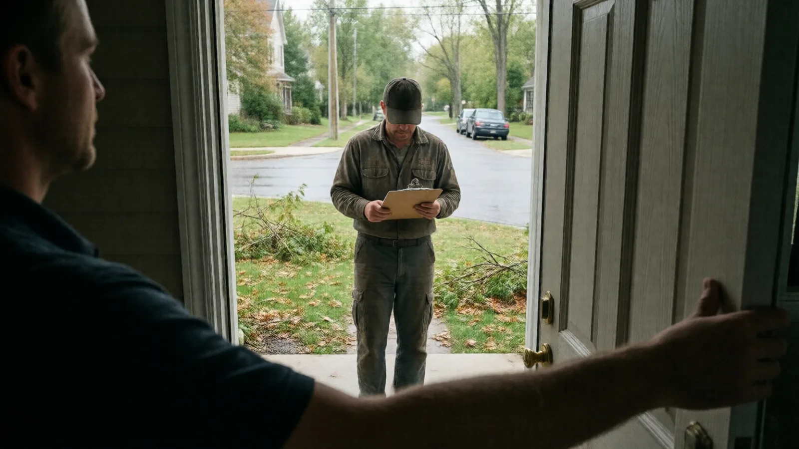 A contractor knocking on a homeowner's door after a storm
