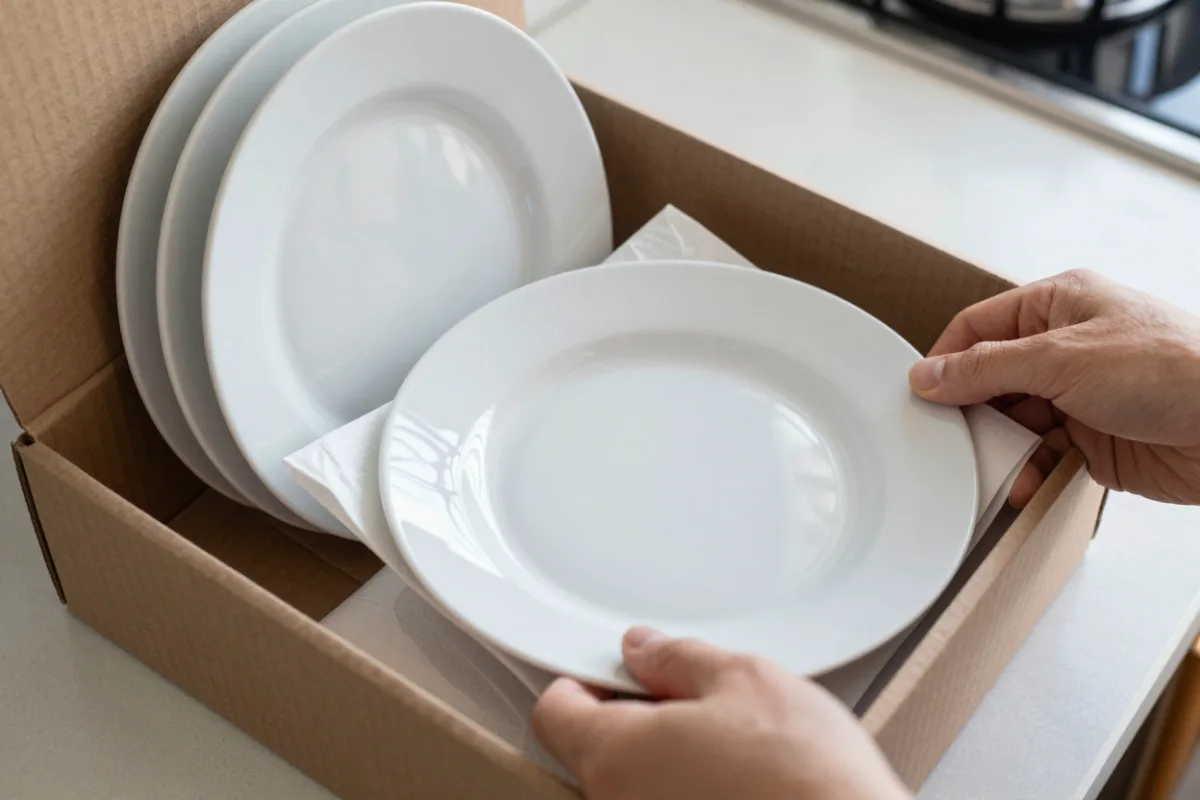 Wrapping plates in packing paper and standing them on edge in a box